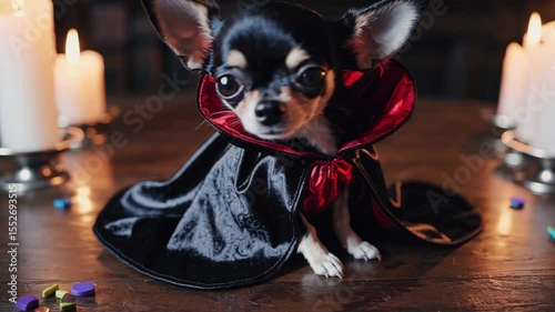 A small dog adorned in dracula costume sits on a wooden table surrounded by glowing candles and colorful confetti. The inviting atmosphere highlights the pet's adorable charm. Pet Halloween costume