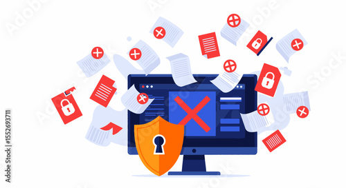 Data Security Breach, Ransomware, or System Error Concept. Illustration of a data breach or error with corrupted files, a red 'X' on a monitor, and a shield.