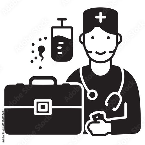 Medical professional with a stethoscope holding a case with a lab vial and sperm symbol illustration