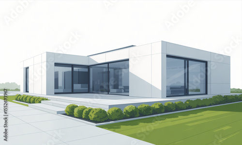 Modern, minimalist white house design with expansive windows and a patio, nestled in a landscaped yard.