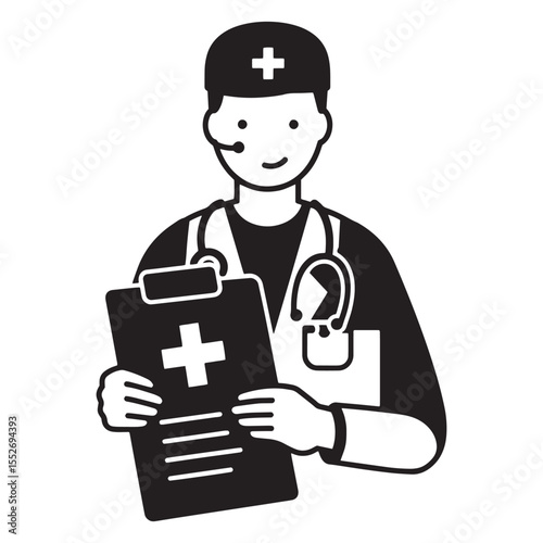 Professional medical doctor holding clipboard with stethoscope and cross symbol icon illustration