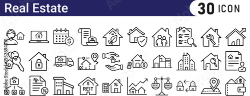 Real Estate line icon set. Vector illustration in modern thin line style of real estate related icons: property types, characteristics, documents, and more. Pictograms and infographics.