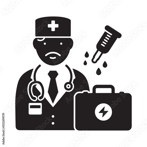 Silhouette illustration of a doctor with medical equipment and first aid symbols
