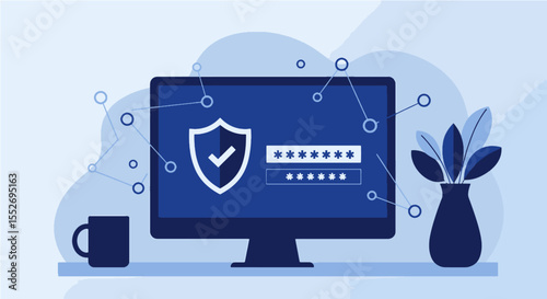 Secure Online Login and Data Protection Concept. Monitor showing a secure password field with a shield and checkmark, symbolizing data protection.