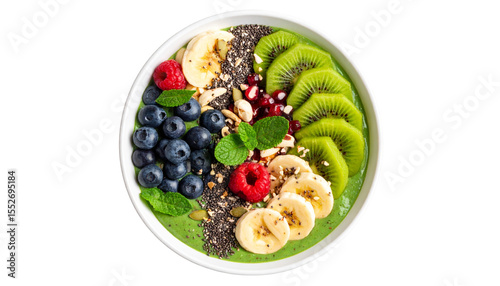 Healthy vegan breakfast flat lay with smoothie bowl isolated on white background
