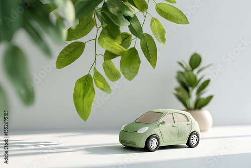 A pale green miniature car sits on a white surface, partially shaded by lush green foliage.  Sunlight casts shadows