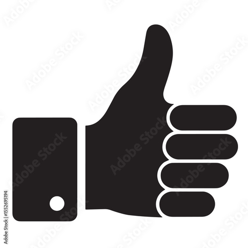 Simple black and white icon of a hand giving a thumbs up gesture on white background