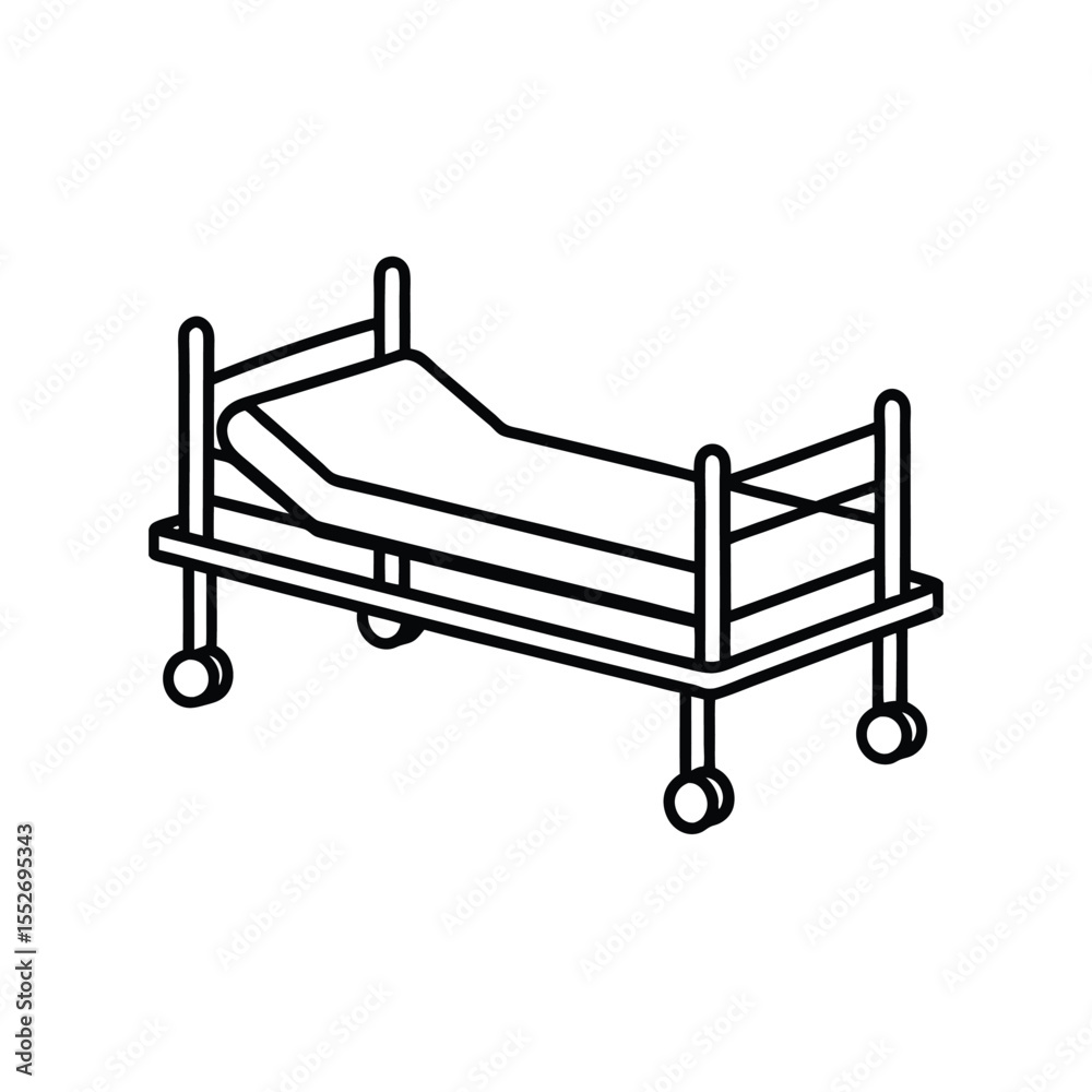 Monochromatic Line Art Depiction of a Hospital Bed on Wheels With Mattress and Head and Foot Boards Monochromatic Line Art Depiction of a Hospital Bed on Wheels With Mattress and Head and Foot Boards