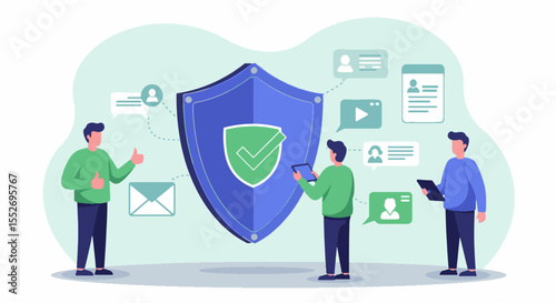 Digital Security and Data Protection with User Assurance. Digital security illustration with a central shield, secure data icons, and satisfied users.