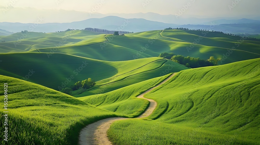 Fototapeta premium Rolling green hills with a winding dirt path leading into the horizon