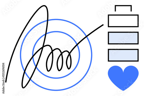 Spiral line with circular rings, a battery icon representing energy levels, and a heart symbolizing health. Ideal for self-care, wellness, focus, balance, vitality, mindfulness simple landing page