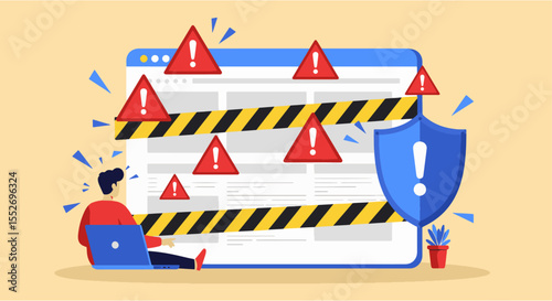 Cybersecurity Threat, Warning, and Data Protection Concept. illustration depicts a cybersecurity threat, showing warning signs, a protected browser, and a distressed user, conveying internet security