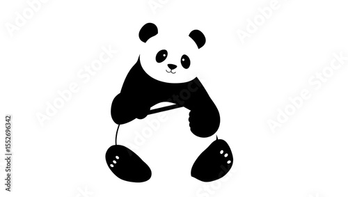 Panda Silhouette Holding Bamboo Stick line art
