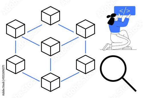 Connected blocks in a network structure, developer coding in blue screen background, magnifying glass. Ideal for blockchain, coding, digital concepts, research, innovation, technology simple landing