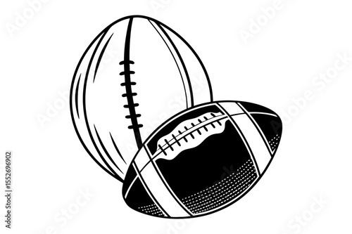 Two footballs depicted in black and white with detailed stitching lines