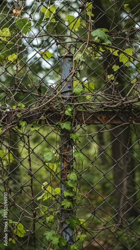 Rusty metal fence overgrown with green vines in woodland area under soft light, seamless looping 4k time-lapse animation video background. Nature concept