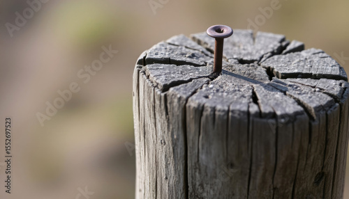 Old Rusted Nail Driven into a Weathered Wooden Post with Cracks and Texture