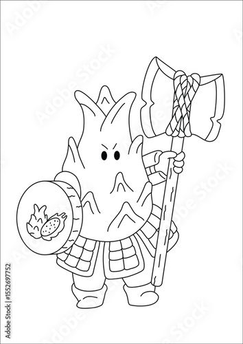 Prepare for battle with this captivating series of black and white line art, showcasing your favorite fruits and vegetables transformed into legendary warriors! Discover the might of a Viking broccoli