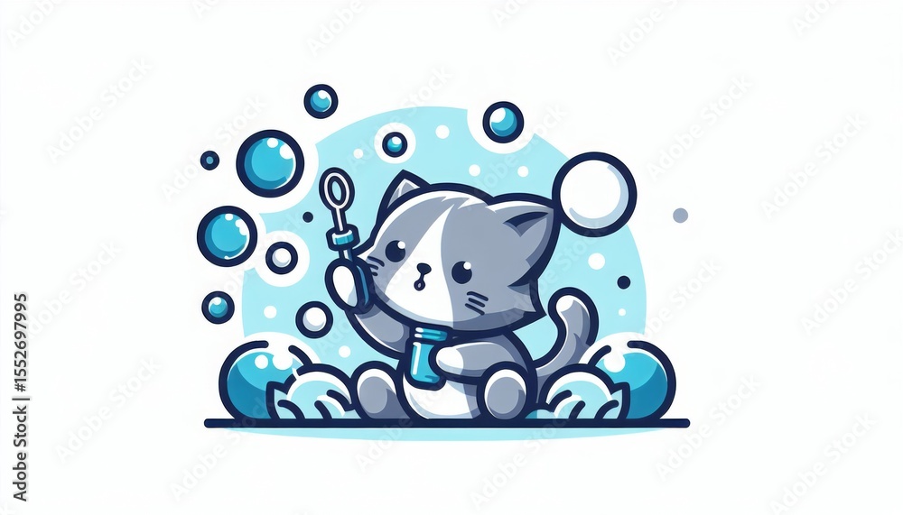 Fototapeta premium Cute Grey and White Cat Blowing Bubbles in Pixel Art Style
