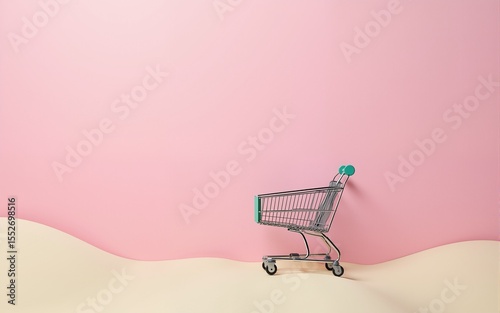 Empty shopping cart by pink wall in desert landscape. High quality