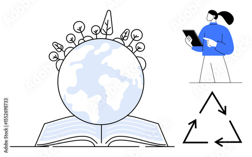 Earth with plants growing from an open book, person using tablet, recycling symbol. Ideal for education, sustainability, environmental awareness, eco-friendly practices, renewable energy, global