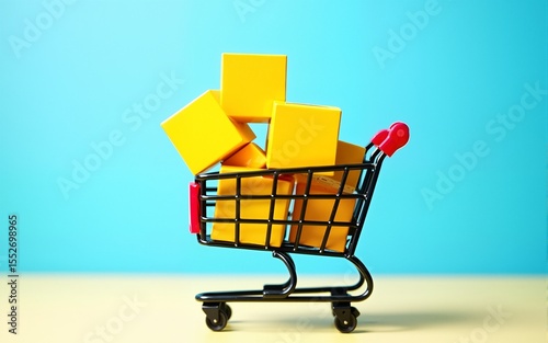 Shopping cart filled with yellow boxes against a blue sky retail concept. High quality