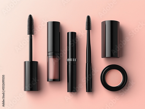 A set of decorative cosmetics such as mascara, lipstick, eye shadow and powder. Realistic style illustration isolated on pink background