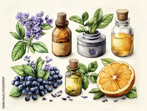 Set of ingredients for making cosmetics such as empty bottles, citrus, fruits, leaves, grass, berries, oil, lilacs. Hand draw sketch illustration isolated on white background