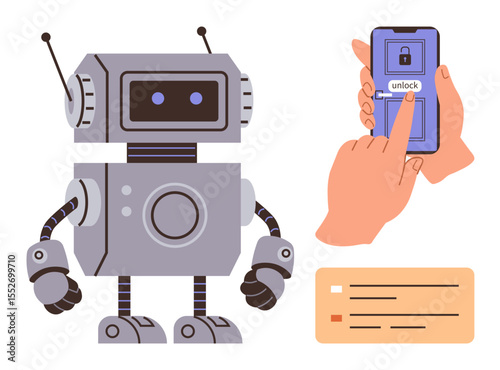 Retro-style robot standing beside hands operating a smartphone with an unlock screen. Ideal for technology, AI, robotics, innovation, automation, smart devices, human-robot interaction. A simple flat