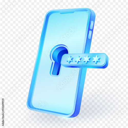 3D smartphone icon featuring a keyhole cutout and a separate password entry bar with asterisks, symbolizing digital security, online protection, or secure mobile access on a transparent background.