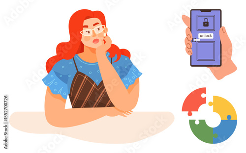 Woman resting chin on hand in contemplation, smartphone with unlock screen, circular puzzle. Ideal for problem-solving, decision-making, brainstorming, focus, strategy, reflection self-growth