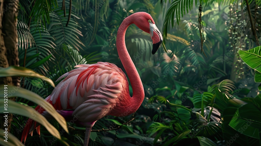 Fototapeta premium Pink Flamingo Standing Tall in Lush Jungle Environment