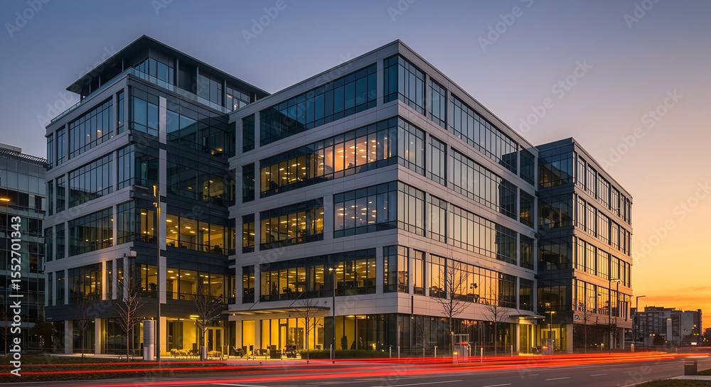 Fototapeta premium Modern commercial building at sunset reflecting lights and ambience featuring office exterior structure facade and architecture