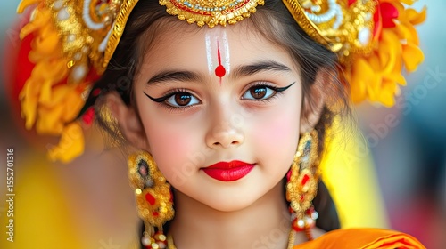 Young Girl Dressed as Goddess Durga in Vibrant Costume