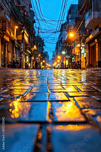 Evening Cityscape with Neon Lights and Reflections