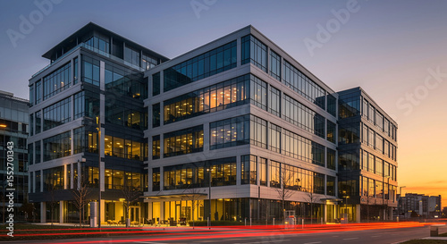 Modern commercial building at sunset reflecting lights and ambience featuring office exterior structure facade and architecture