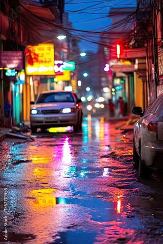 Evening Cityscape with Neon Lights and Reflections