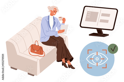 Senior woman on couch holding paper and coffee cup, computer and eye recognition visual nearby. Ideal for technology, security, senior lifestyle, healthcare, digital surveillance, identity