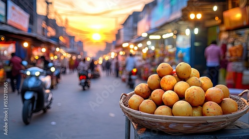 Vibrant Marketplace at Sunset with Fresh Fruits