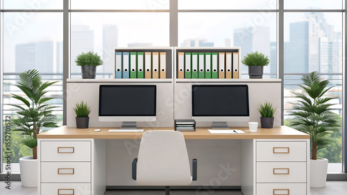 Modern office interior design with two workstations featuring computers filing cabinets and decorative plants with cityscape view