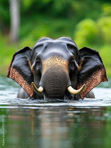 Wild Elephants Bathing in Serene River Environment