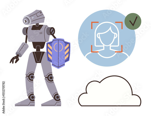 Robot holding shield, facial recognition with approved checkmark, and cloud outline. Ideal for technology, AI, cybersecurity, data protection, innovation, privacy and machine learning concepts