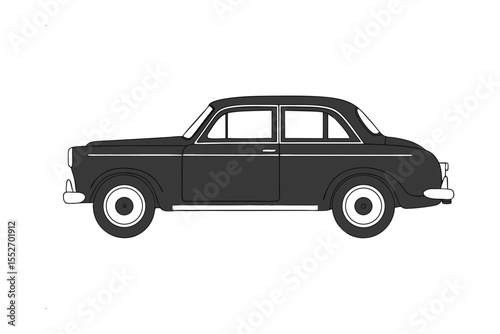 Classic Sedan Profile:  A sleek, dark-grey vintage sedan is showcased in a side profile view, highlighting its classic design and timeless elegance.