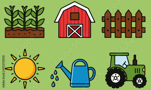 Farming and Gardening Tools Set,A comprehensive collection of twelve flat design icons representing essential farming and gardening equipment, including a scythe, tractor, rake, pitchfork, boots, wood
