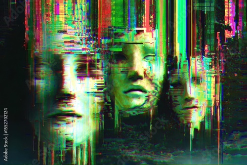 A blurry image of three faces with a green and red background
