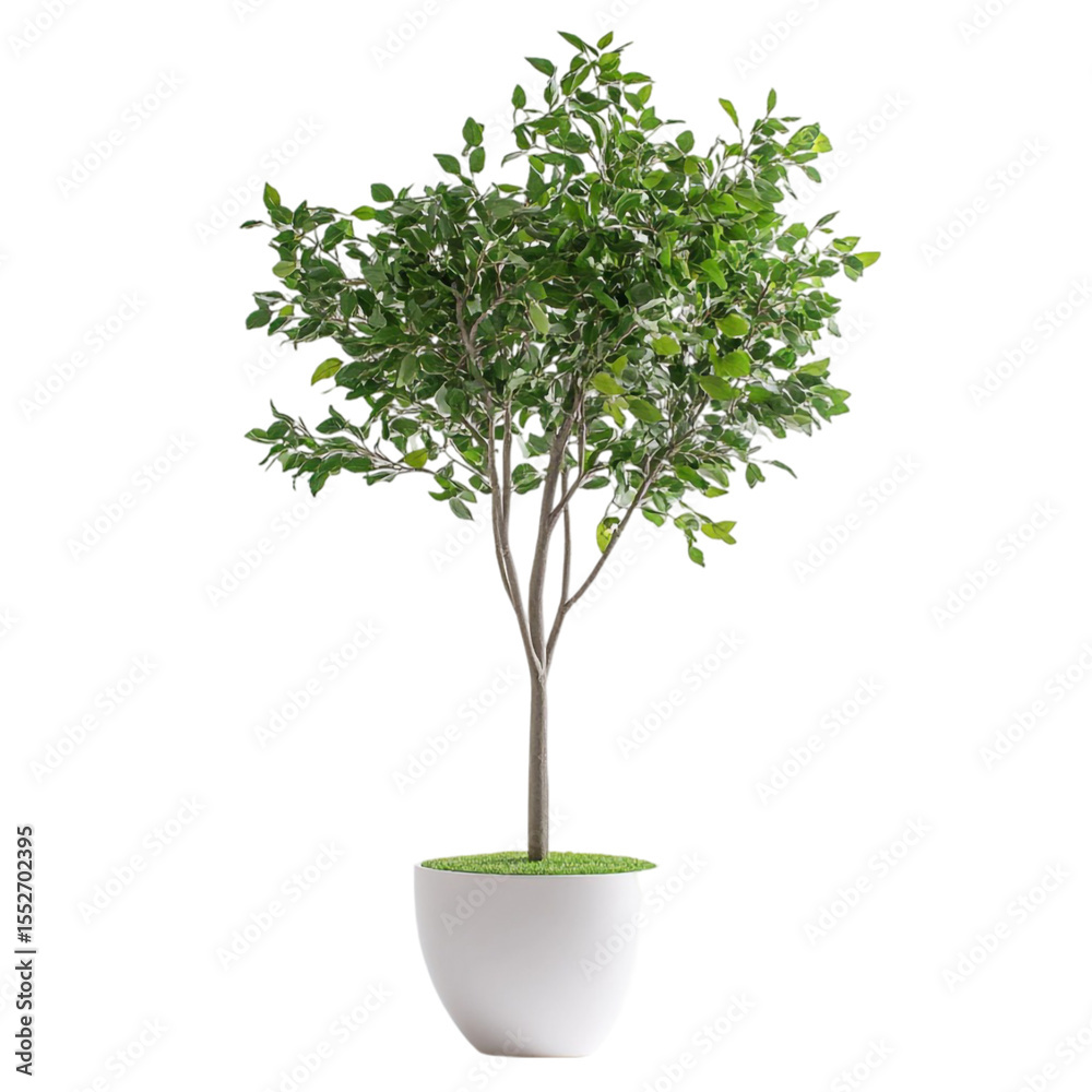 Fototapeta premium Small green tree in white pot against abstract background