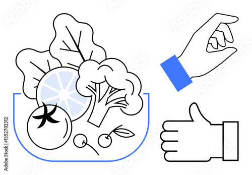 Vibrant mix of vegetables thumbs up lettuce, tomato, broccoli, citrus, and cherries in a bowl. Hand gestures signify selection and approval. Ideal for nutrition, wellness, cooking sustainability