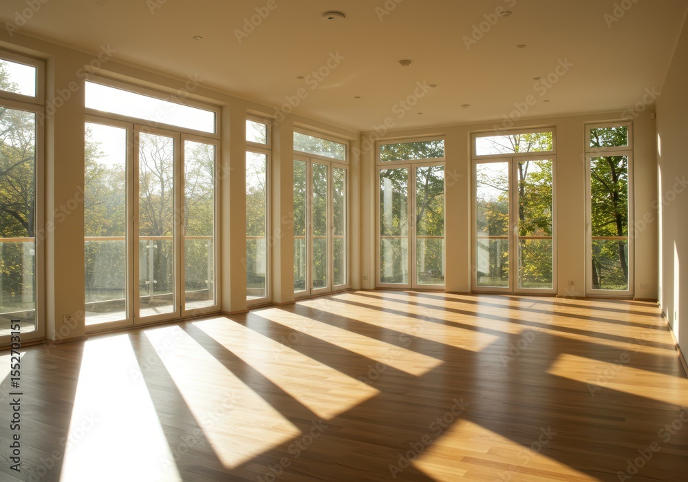 Fototapeta premium Sunlight streams through large windows illuminating a spacious modern room with hardwood floors