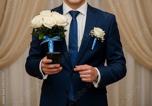 Groom in a dark blue suit with a white rose bouquet and phone ready for a wedding.
