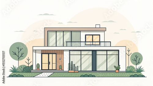 Modern minimalist house design illustration, showcasing a two-story home with large windows, a balcony, and landscaping.